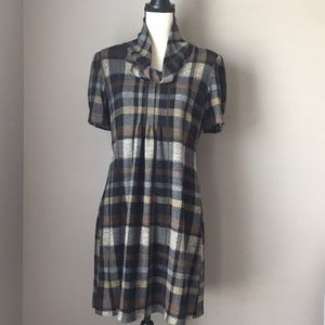 Short Sleeve Plaid Cowl Neck Dress